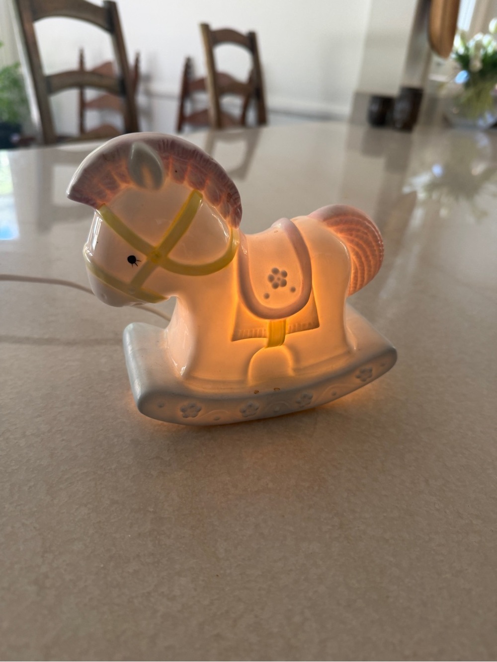 Vintage White and Pale Pink Ceramic Rocking Horse Lamp